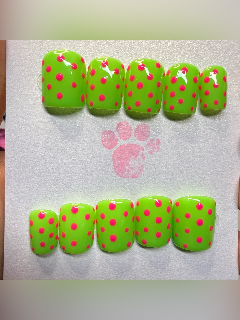 Short square Neon Green Press-On Nails with Hot Pink Polka Dots